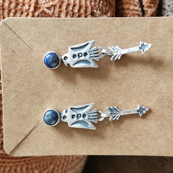 NWOT Native American Navajo Denim Lapis & Sterling Thunderbird Dangle Earrings - Picture 11 of 12